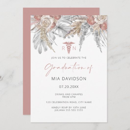 Roze Floral Afstudeerder Party Nurse Afstuderen Kaart (Voorkant / Achterkant)
