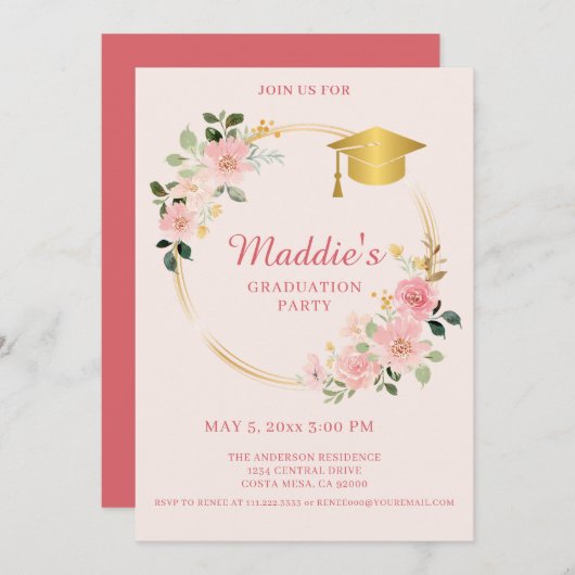 Roze Floral Afstuderen Aankondiging (Voorkant / Achterkant)