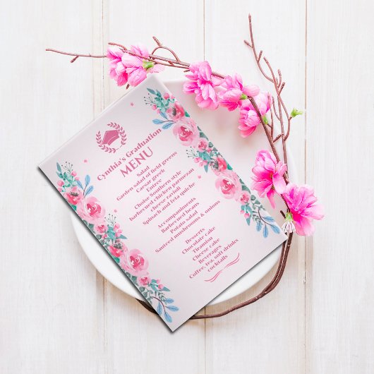 Roze Floral Afstuderen Inbelmenu Uitnodiging