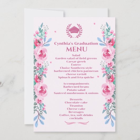 Roze Floral Afstuderen Inbelmenu Uitnodiging (Voorkant)
