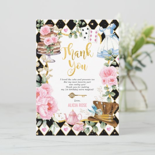 Roze Floral Alice in Wonderland Hartelijk dank Kaart (Staand voorkant)