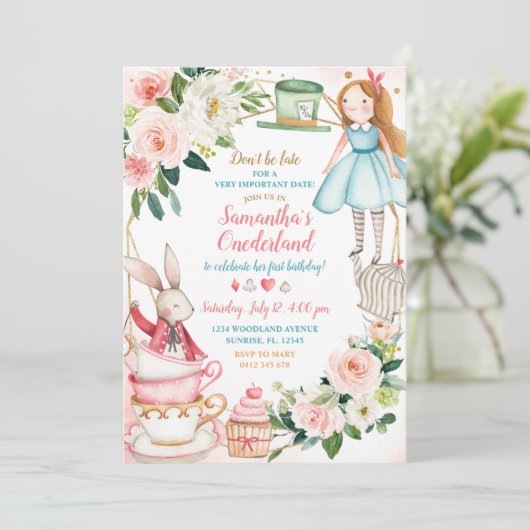 Roze Floral Alice Tea 1e verjaardag Uitnodigingsme Kaart (Staand voorkant)