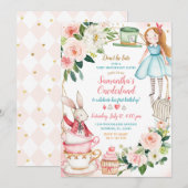 Roze Floral Alice Tea 1e verjaardag Uitnodigingsme Kaart (Voorkant / Achterkant)