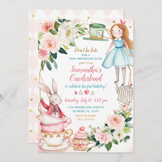 Roze Floral Alice Tea 1e verjaardag Uitnodigingsme Kaart (Voorkant / Achterkant)