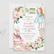 Roze Floral Alice Tea 1e verjaardag Uitnodigingsme