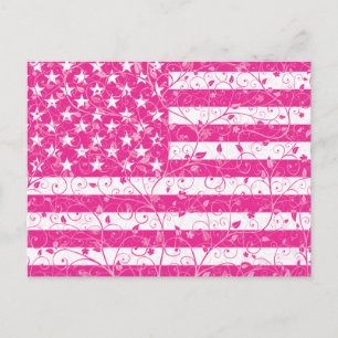 Roze Floral Amerikaanse vlag Briefkaart