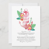 Roze Floral Anchor | Nautisch | Beach Wedding Kaart (Voorkant)