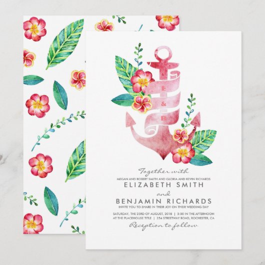 Roze Floral Anchor | Nautisch | Beach Wedding Kaart (Voorkant / Achterkant)