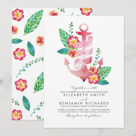 Roze Floral Anchor | Nautisch | Beach Wedding Kaart