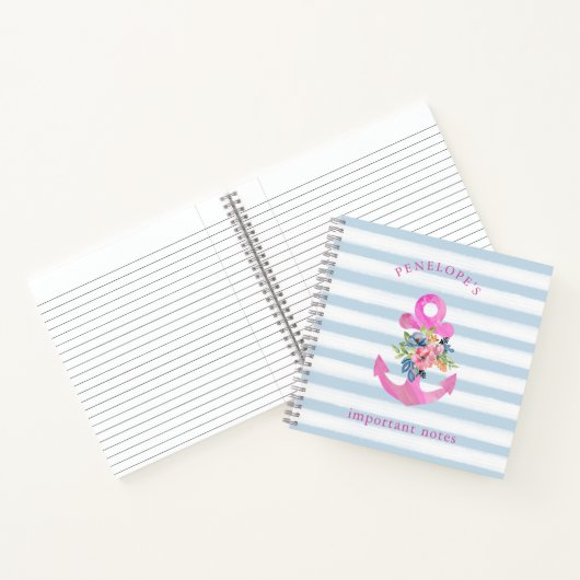 Roze Floral Anchor | Trendy Blue Stripes Notitieboek (Binnen)