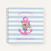 Roze Floral Anchor | Trendy Blue Stripes Notitieboek (Voorkant)