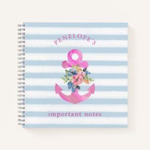 Roze Floral Anchor Trendy Blue Stripes Notitieboek