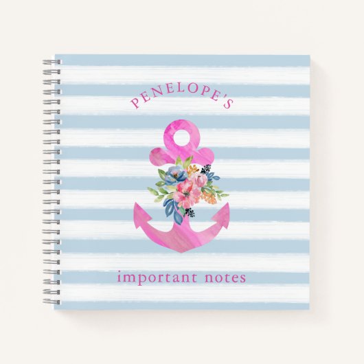 Roze Floral Anchor | Trendy Blue Stripes Notitieboek (Voorkant)