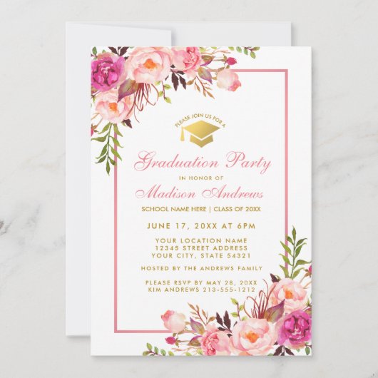 Roze Floral and Gold Graduation Party Invitation P Kaart (Voorkant)