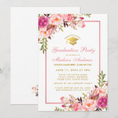 Roze Floral and Gold Graduation Party Invitation P Kaart (Voorkant / Achterkant)