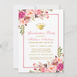 Roze Floral and Gold Graduation Party Invitation P Kaart