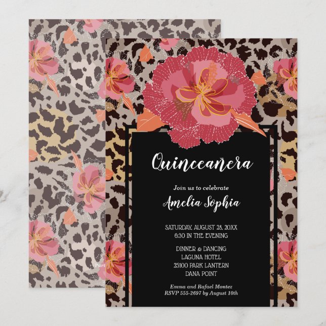 Roze Floral Animal Print Quinceañera Uitnodigingen (Voorkant / Achterkant)