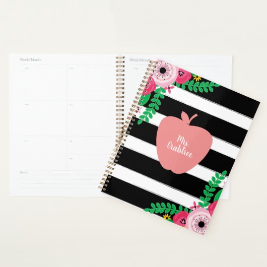 Roze Floral Apple Black + White Stripe Teacher Planner (Display)