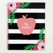 Roze Floral Apple Black + White Stripe Teacher Planner (Voorkant)