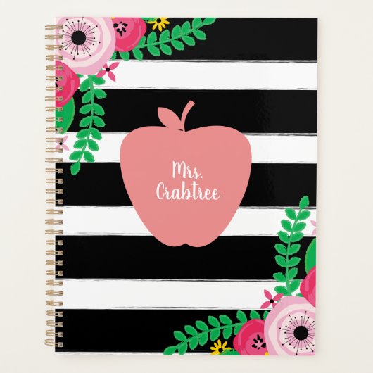 Roze Floral Apple Black + White Stripe Teacher Planner (Voorkant)
