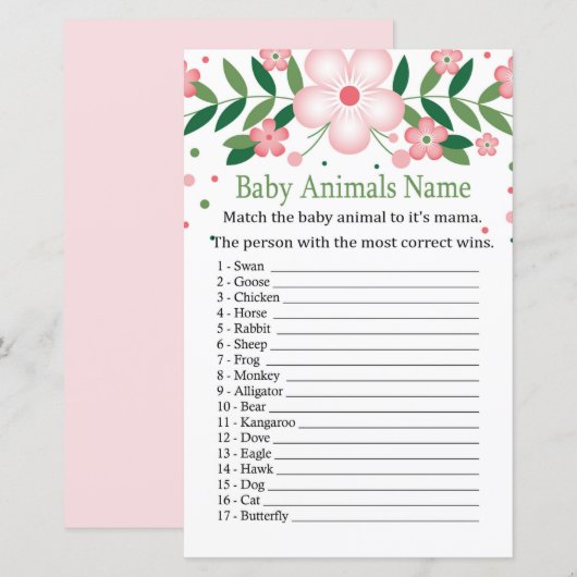 Roze Floral Baby Animals Name Game (Voorkant / Achterkant)