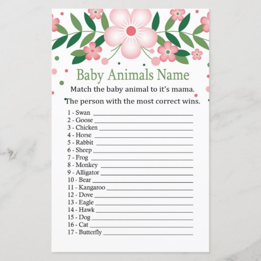 Roze Floral Baby Animals Name Game (Voorkant)