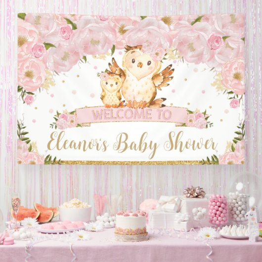 Roze Floral Baby en Mammie Owl Welkomstachtergrond Spandoek (Feest)