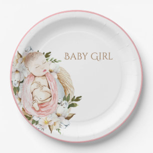 roze Floral Baby Girl Baby shower Papieren Bordje
