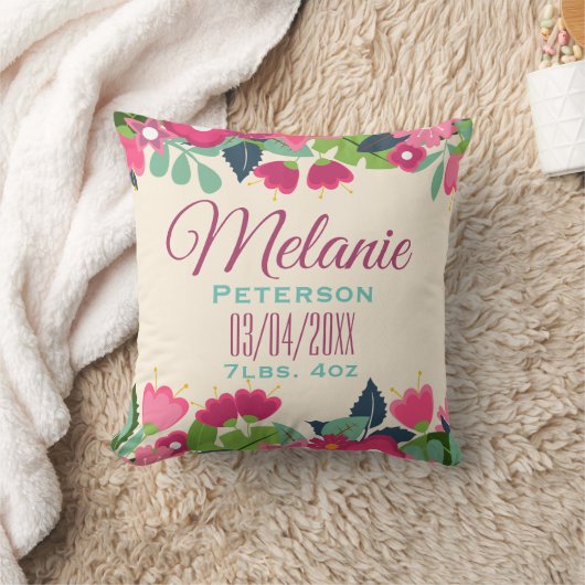  roze Floral Baby Girl Birth Stats & Name Kussen (Deken)