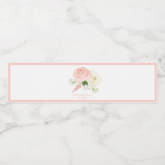 Roze Floral Baby Girl Waterverf Naam Baby shower Waterfles Etiket (Enkel label)