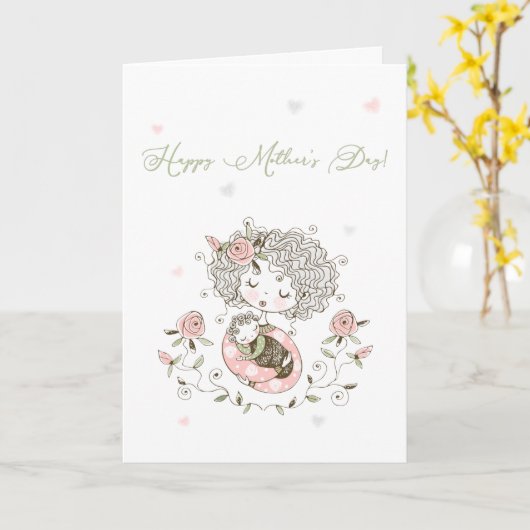 Roze Floral Baby Harten Moederdag Kaart (Gele Bloem)