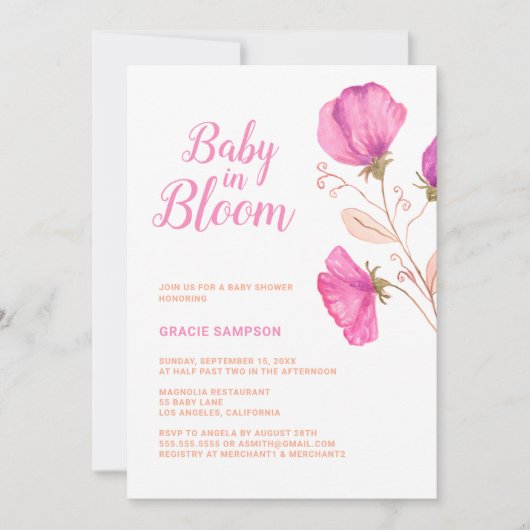 Roze Floral-Baby in het Baby shower Bloom Kaart (Voorkant)