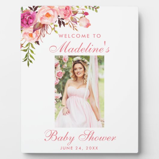 Roze Floral Baby shower Foto Welkom Fotoplaat (Voorkant)