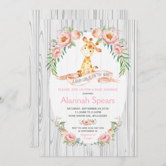 Roze Floral Baby Shower-Giraffe Roze Kaart (Voorkant / Achterkant)