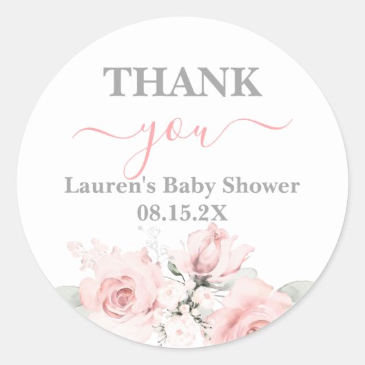 Roze Floral Baby shower Girl Classic Round Sticker (Voorkant)