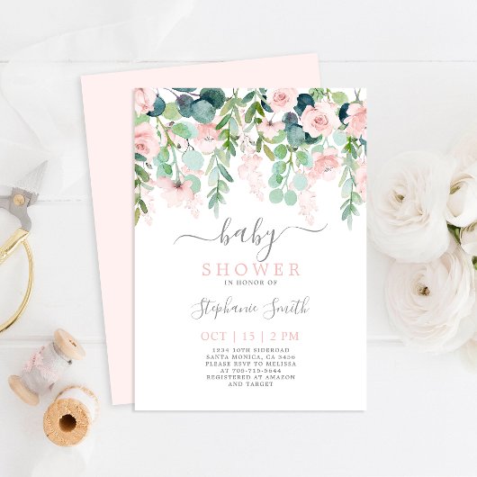 Roze Floral Baby shower Girl Invitation Kaart