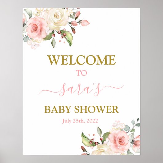 Roze Floral Baby shower Girl Welkomstbord Poster (Voorkant)