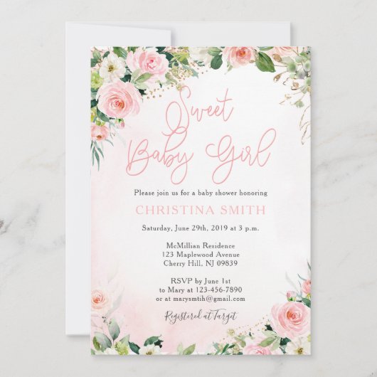 Roze Floral Baby Shower Invitaties Kaart (Voorkant)