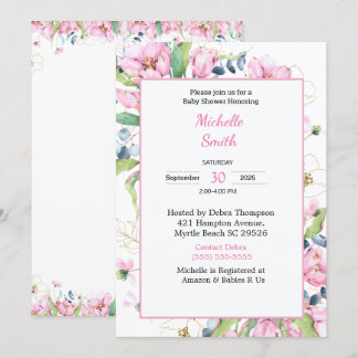 Roze, Floral Baby Shower Invitaties Kaart