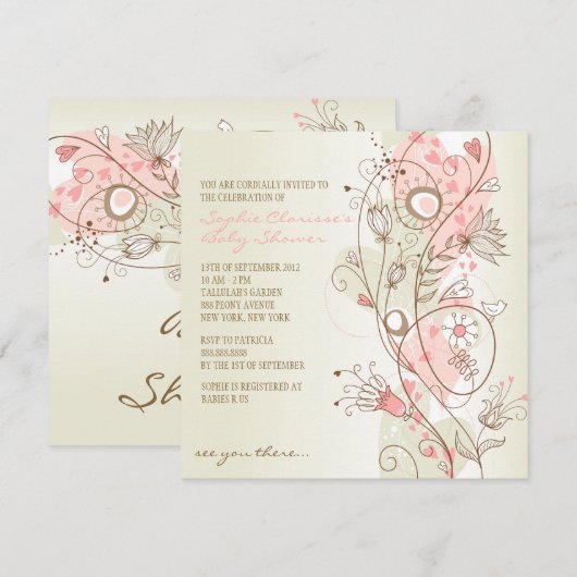 Roze   Floral Baby Shower Invitaties Kaart (Voorkant / Achterkant)