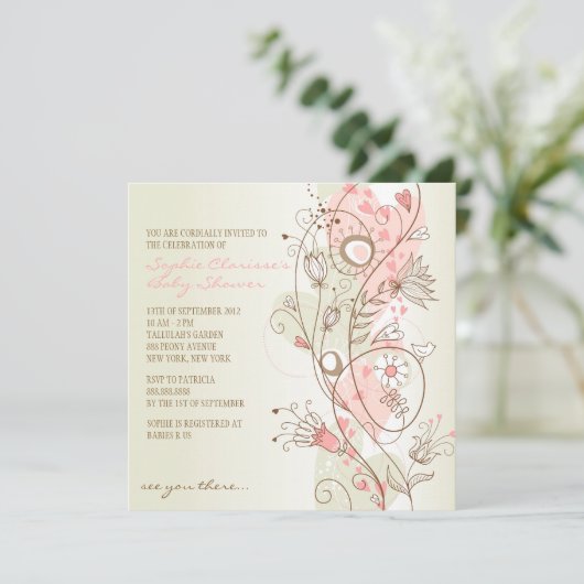 Roze   Floral Baby Shower Invitaties Kaart (Staand voorkant)