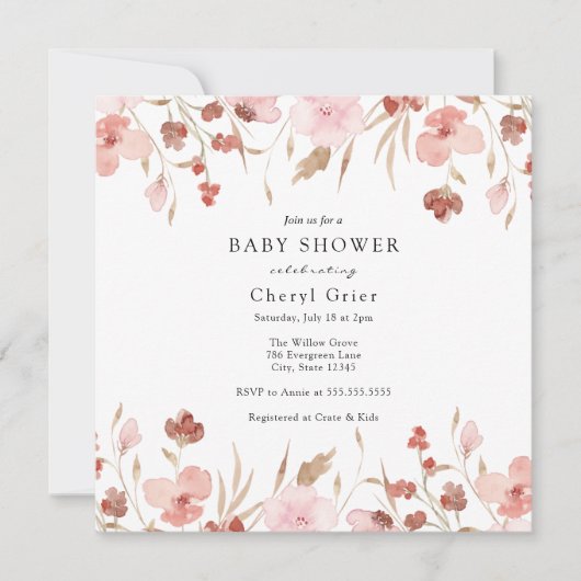 Roze Floral Baby shower Invitation Card Kaart (Voorkant)