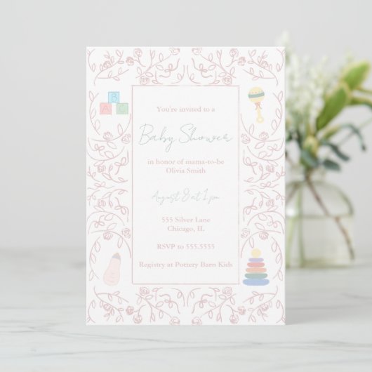 Roze Floral Baby shower Kaart (Staand voorkant)