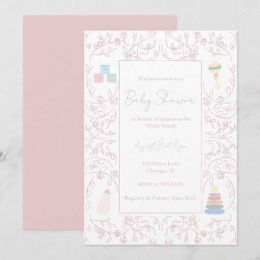 Roze Floral Baby shower Kaart (Voorkant / Achterkant)