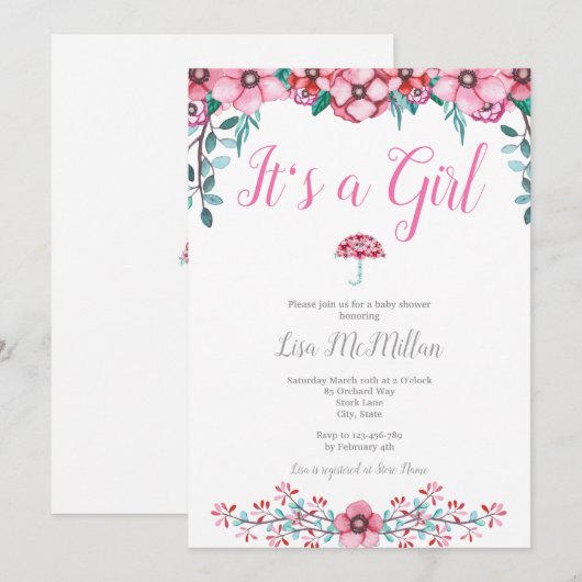 Roze Floral Baby shower Kaart (Voorkant / Achterkant)