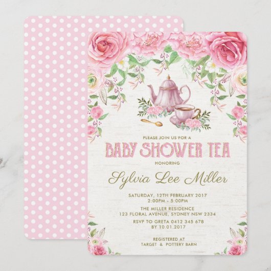 Roze Floral Baby shower Kitchen Tea Party nodigt u Kaart (Voorkant / Achterkant)