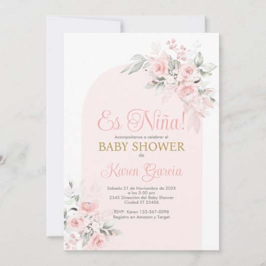 Roze Floral Baby shower Meisje Spaanse uitnodiging (Voorkant)