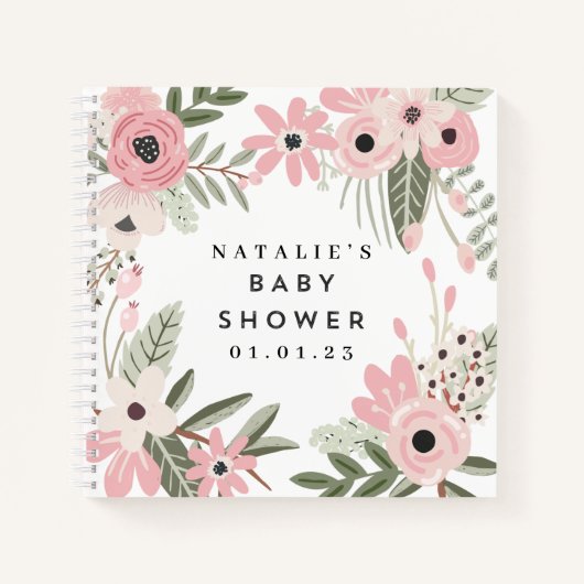 Roze Floral Baby shower Spiral Guest Book Notitieboek (Voorkant)