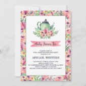 Roze Floral Baby shower Tea Party Invitation Kaart (Voorkant)