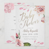 Roze Floral Baby shower Tea Party Invitation Kaart (Voorkant / Achterkant)
